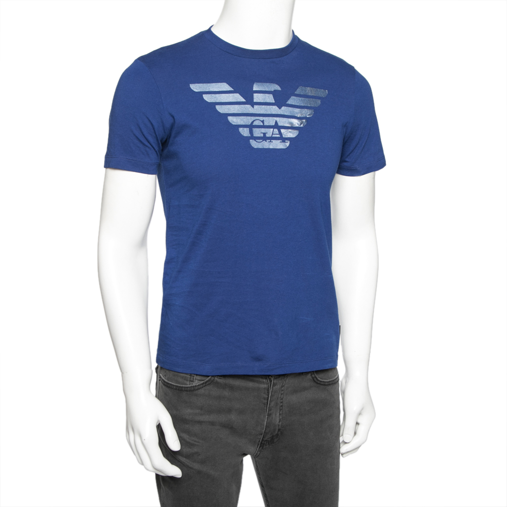 

Emporio Armani Blue Logo Printed Cotton Short Sleeve T-Shirt