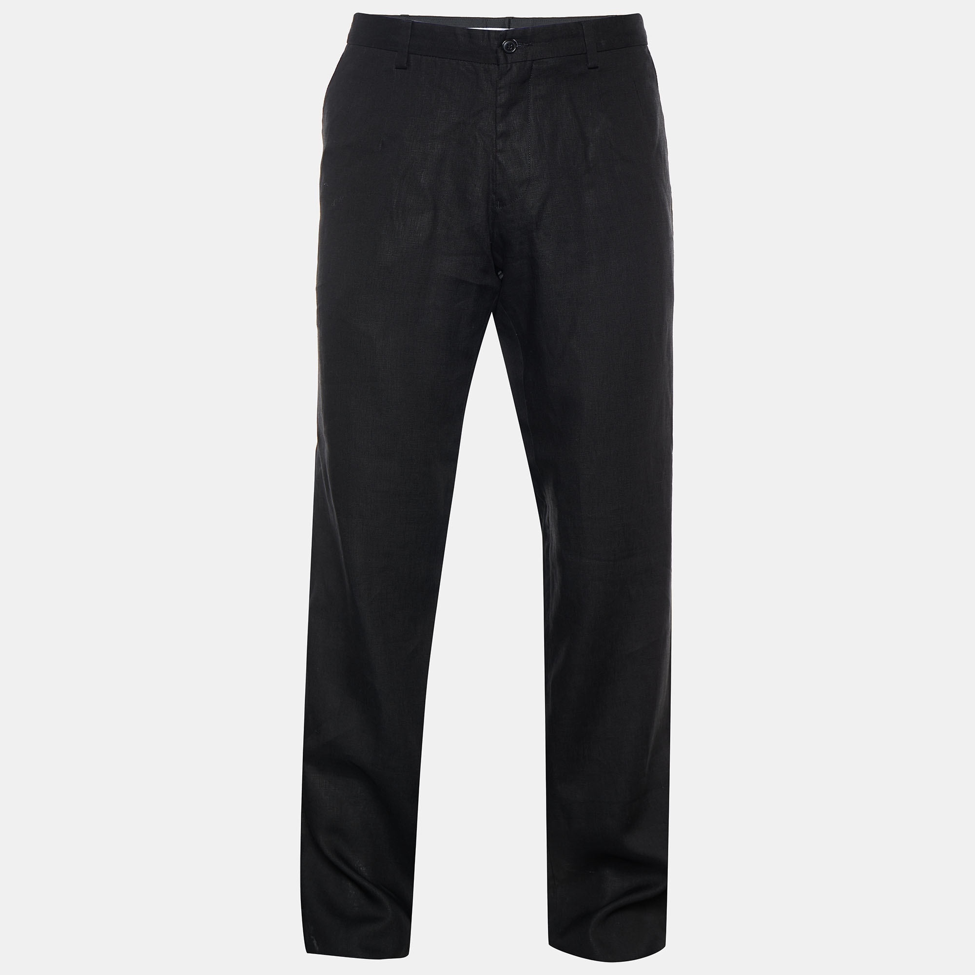 Pre Owned Emporio Armani Black Linen Straight Leg Pants L