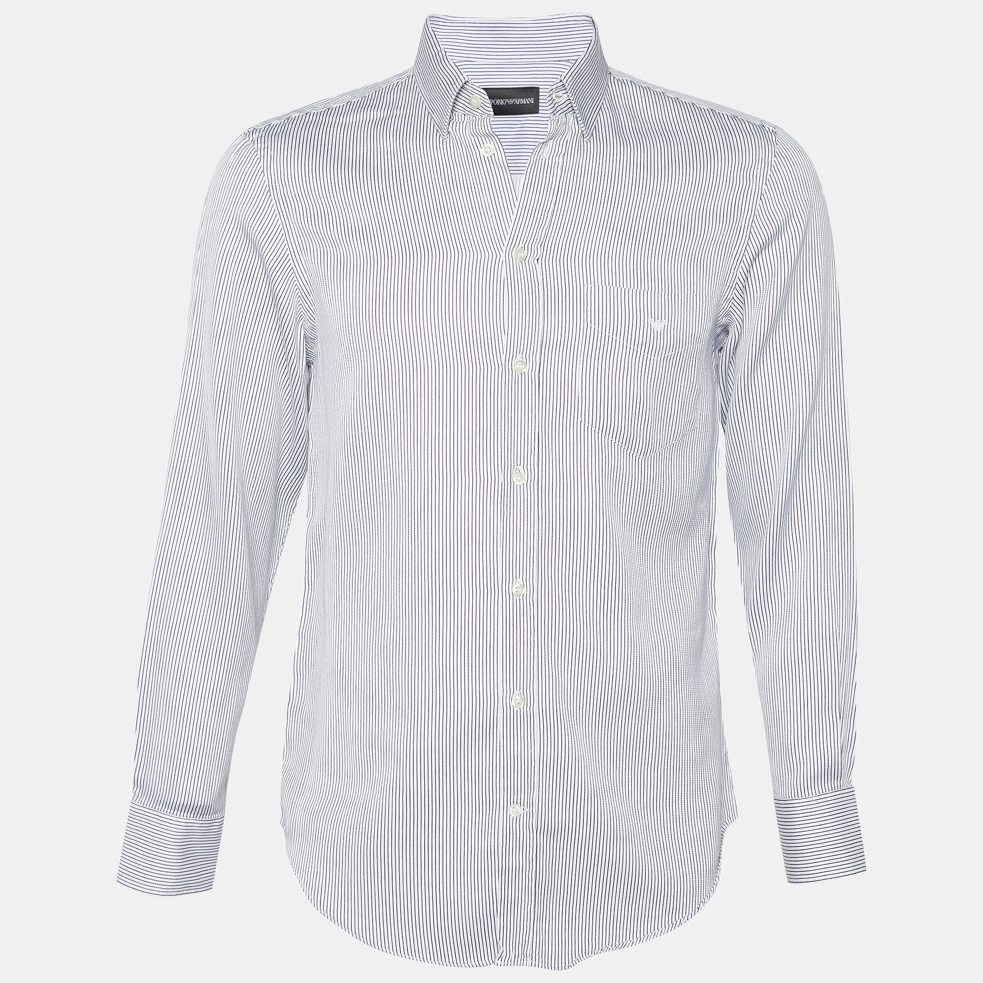 Pre-owned Emporio Armani White & Blue Striped Cotton Button Front Shirt M