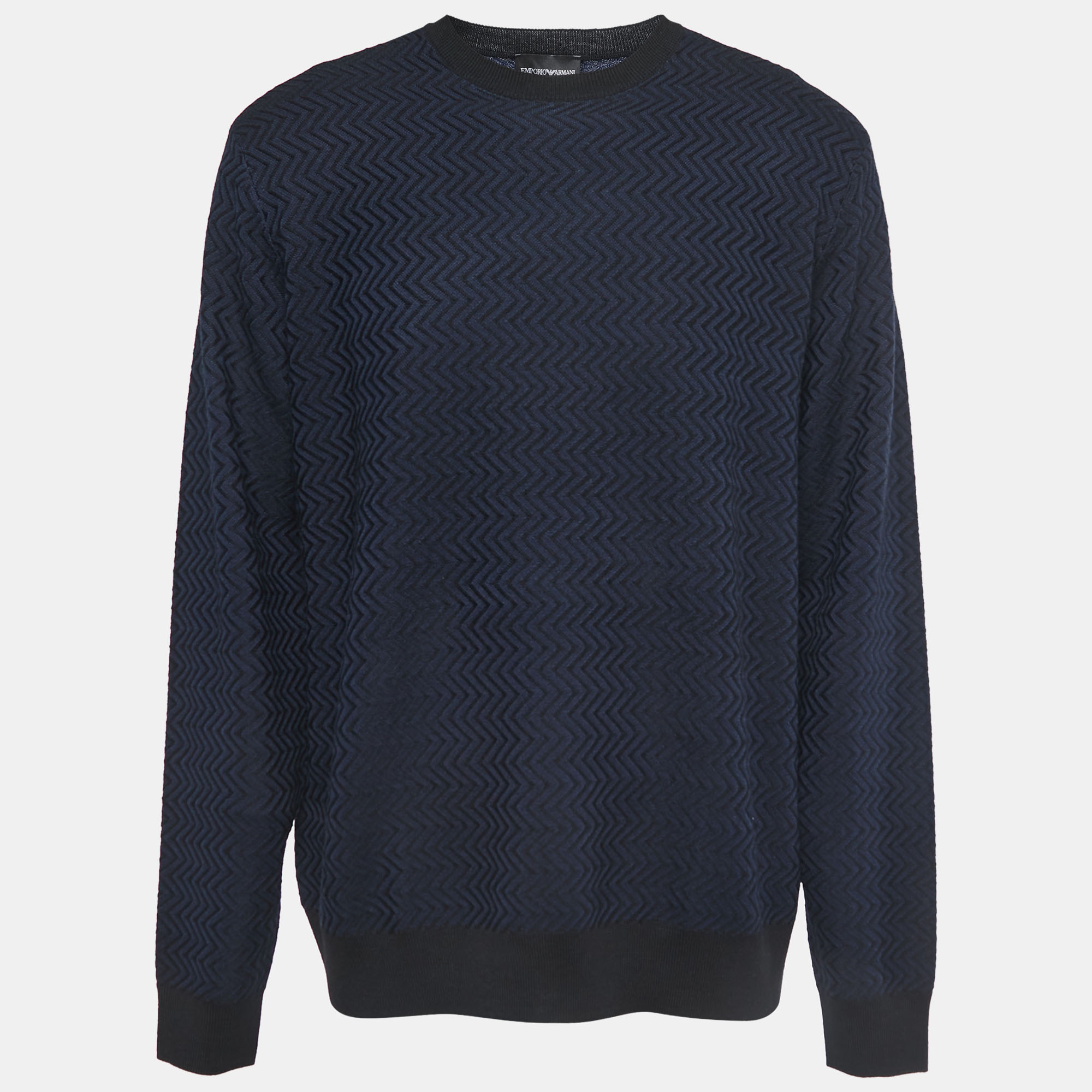

Emporio Armani Navy Blue/Black Patterned Wool Knit Crew Neck Sweater 3XL