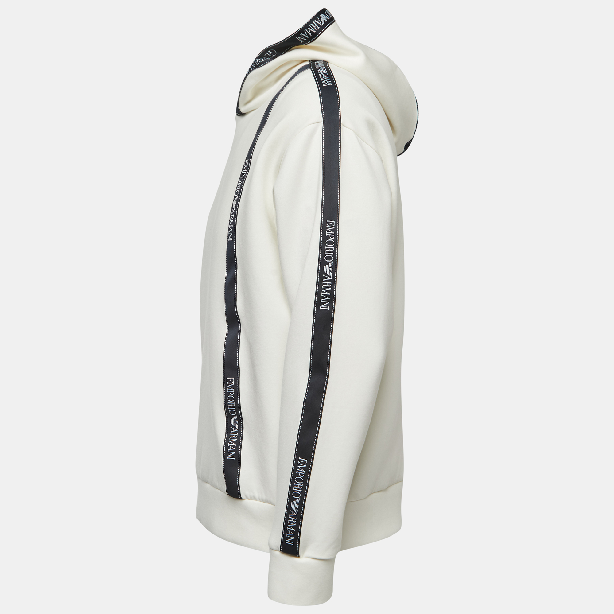 

Emporio Armani Off-White Cream Knit Logo Tape Detail Hooded Sweatshirt