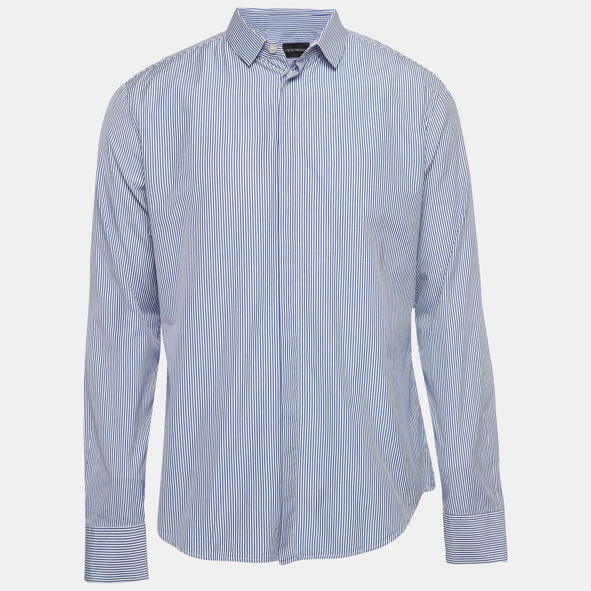 

Emporio Armani Blue Striped Cotton Blend Button Front Shirt