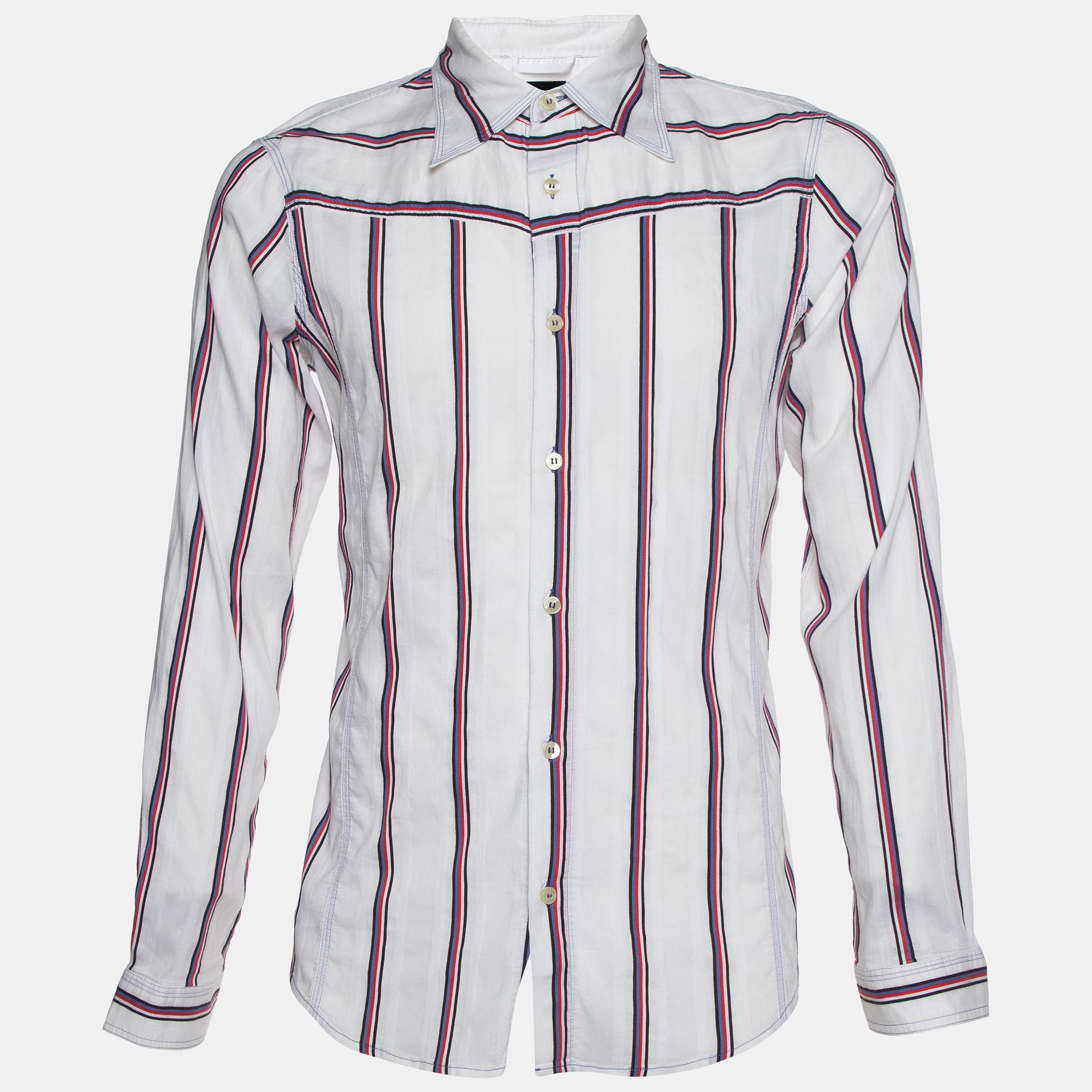 Pre-owned Emporio Armani White Striped Cotton Misura Long Sleeve Shirt S