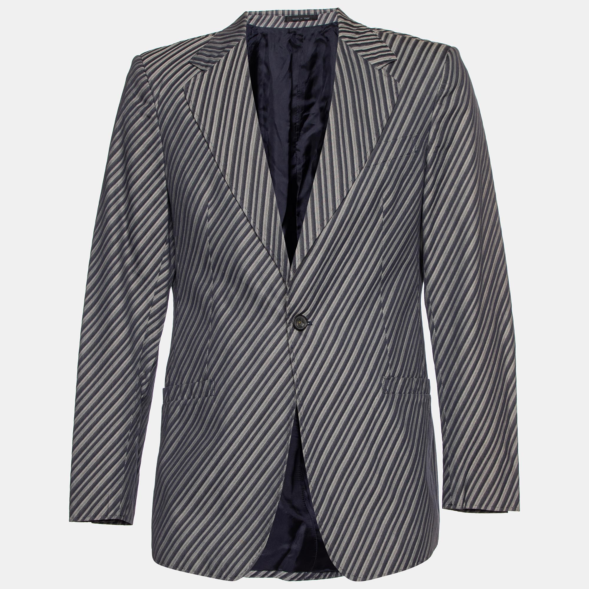 Pre-owned Emporio Armani Grey Diagonal Striped Cotton Jacket Xl