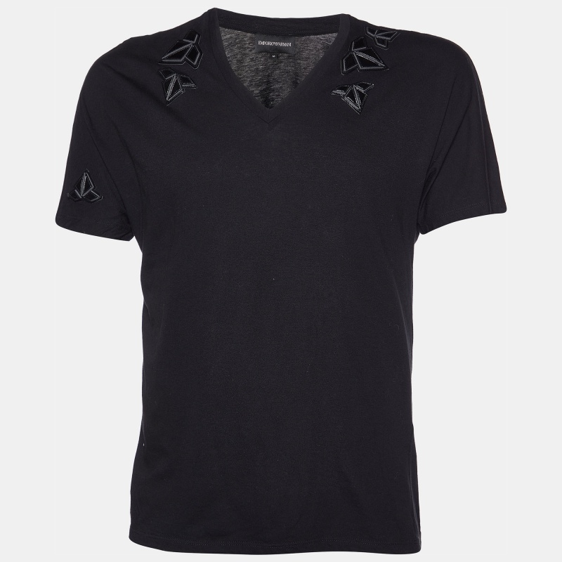 

Emporio Armani Black Cotton Patch Detail V-Neck T-Shirt