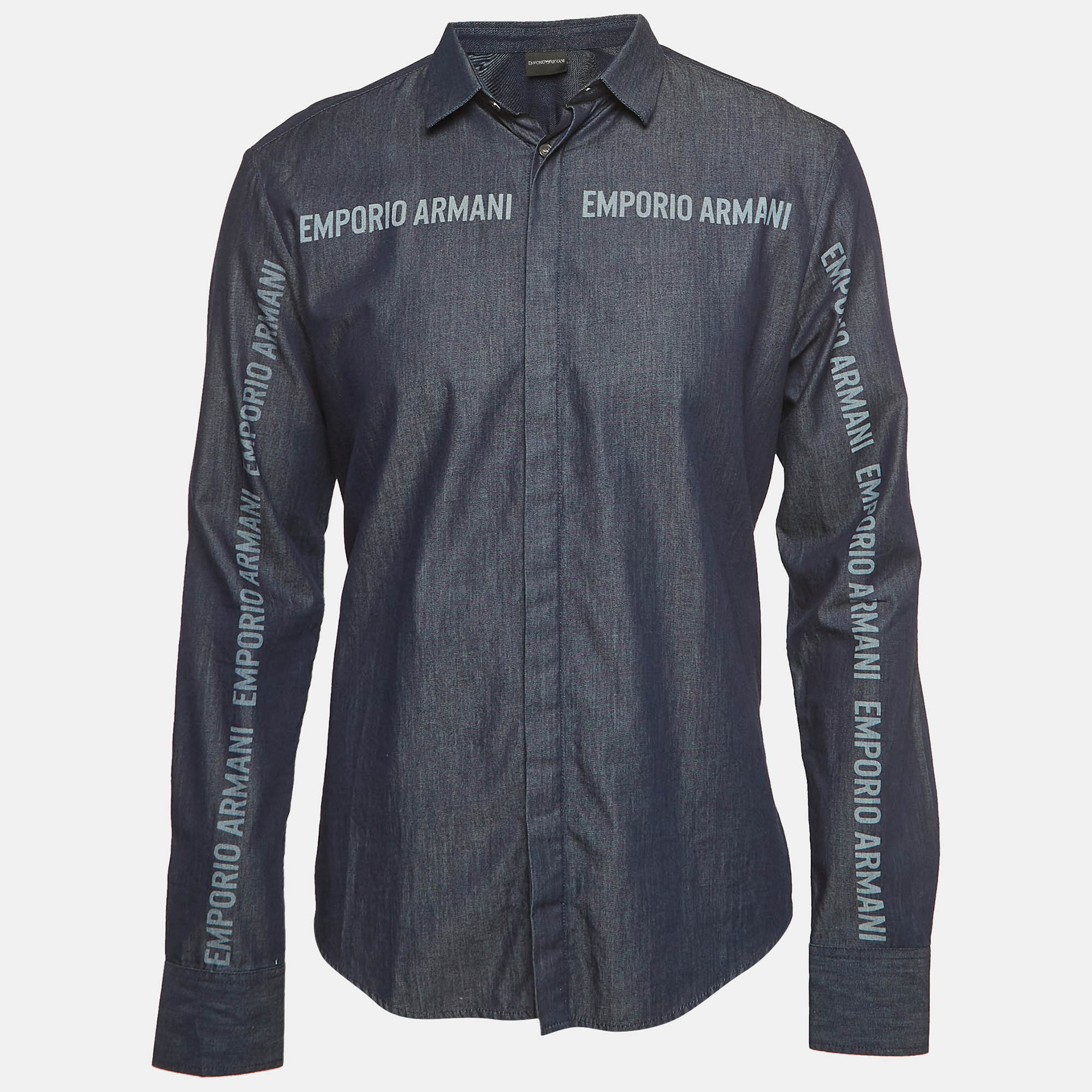 

Emporio Armani Navy Printed Long Sleeve Denim Shirt L, Blue