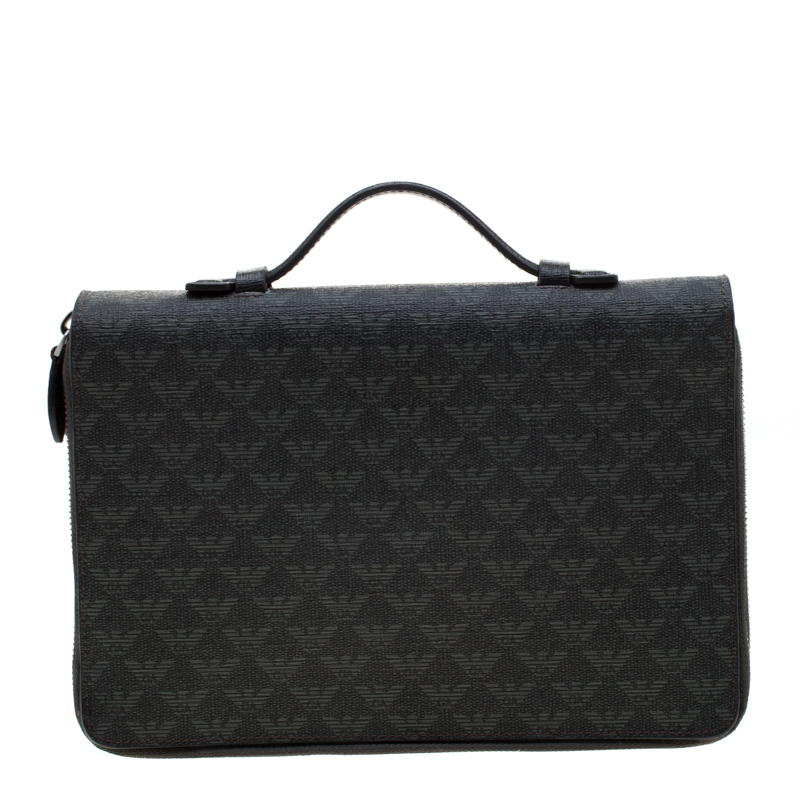 Pre Owned Emporio Armani Black Logo Embossed Leather Travel Organizer