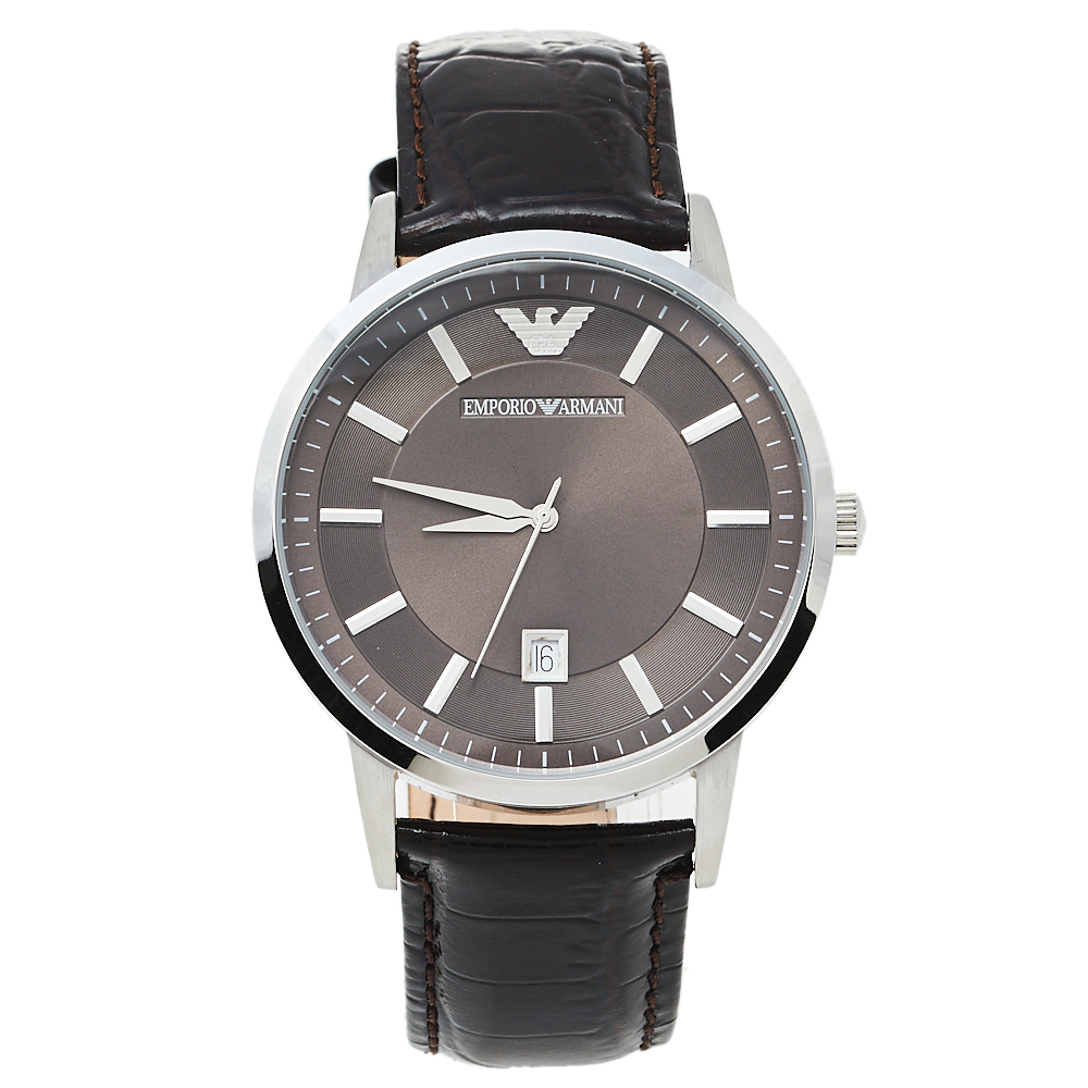 Pre-owned Emporio Armani Brown Stainless Steel & Leather Classic Ar2413 Men's Wristwatch 43 Mm