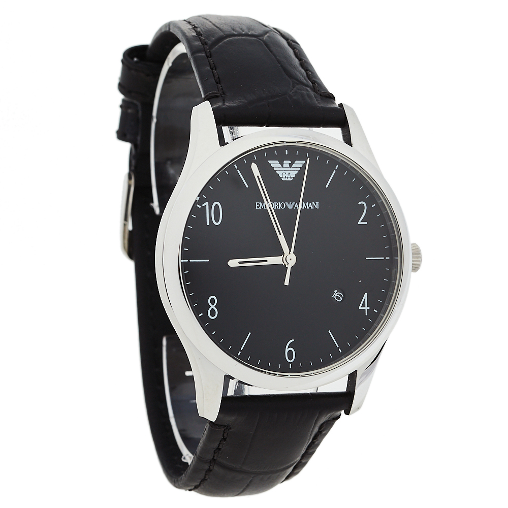 Pre-owned Emporio Armani Black Stainless Steel Leather Classic Ar1865 Men's Wristwatch 41 Mm