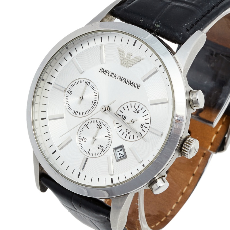 

Emporio Armani Silver Stainless Steel Leather Classic AR-2432 Men's Wristwatch