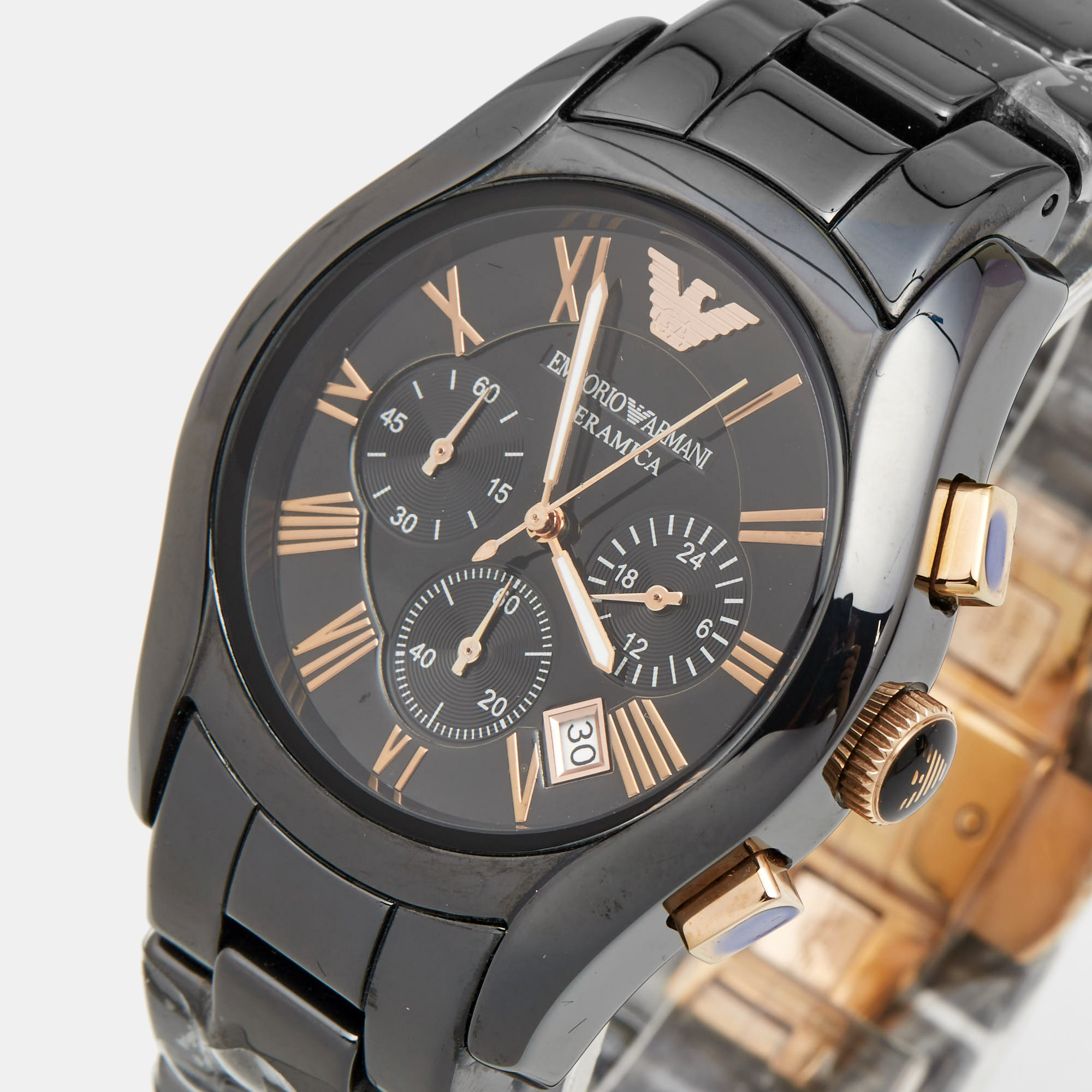 

Emporio Armani Black Ceramic Rose Gold Tone Stainless Steel Ceramica AR1410 Men's Wristwatch