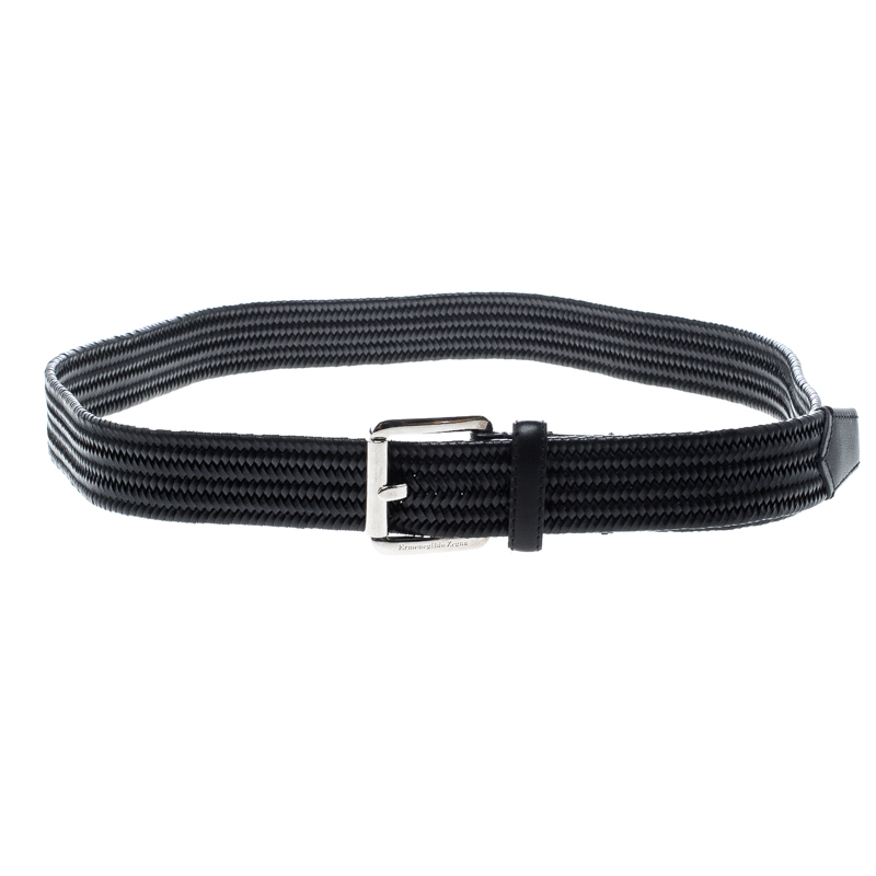 Pre Owned Ermenegildo Zegna Black Braided Woven Leather Elastic Belt 105 CM
