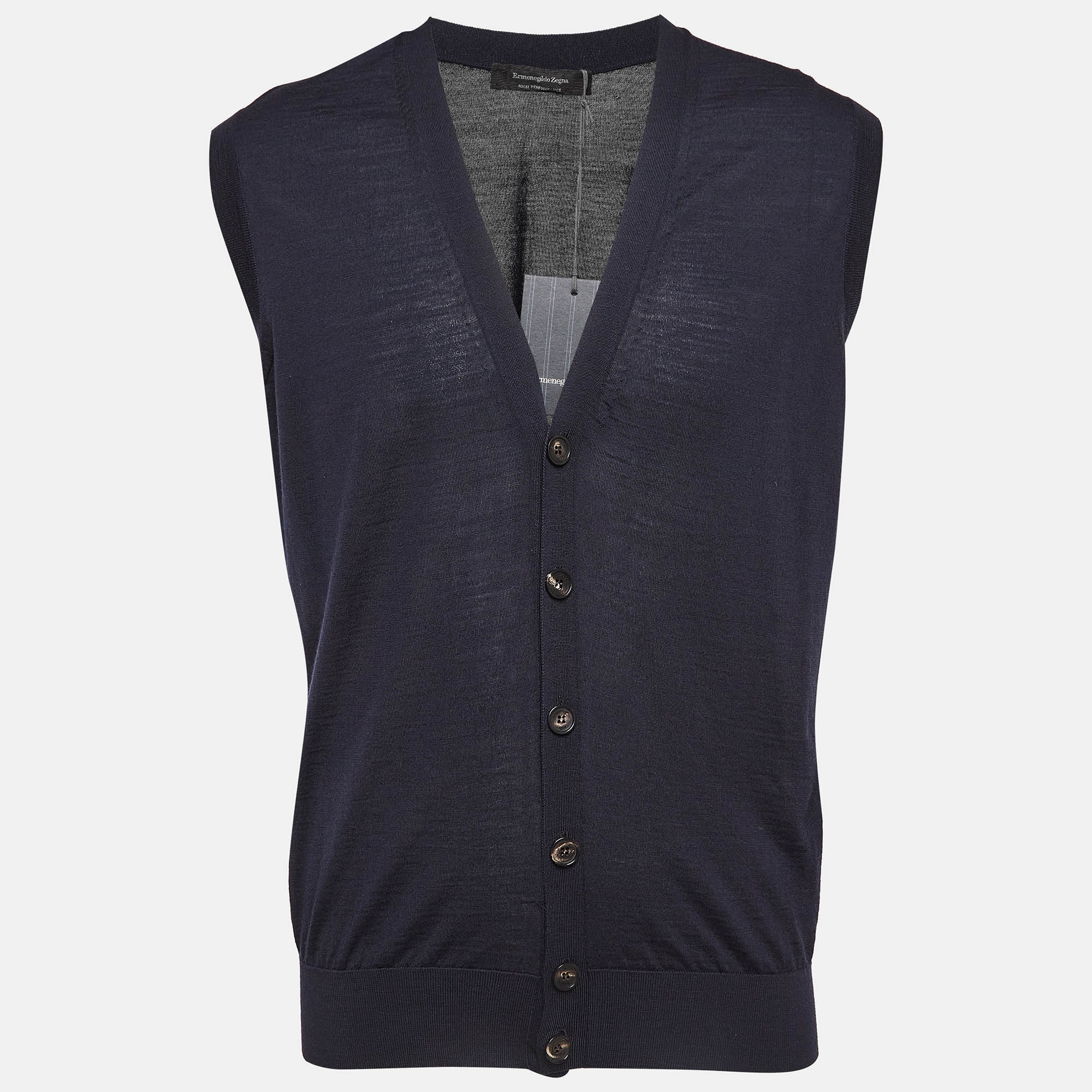 Pre-owned Ermenegildo Zegna Navy Blue Knit Sleeveless Button Front Cardigan L