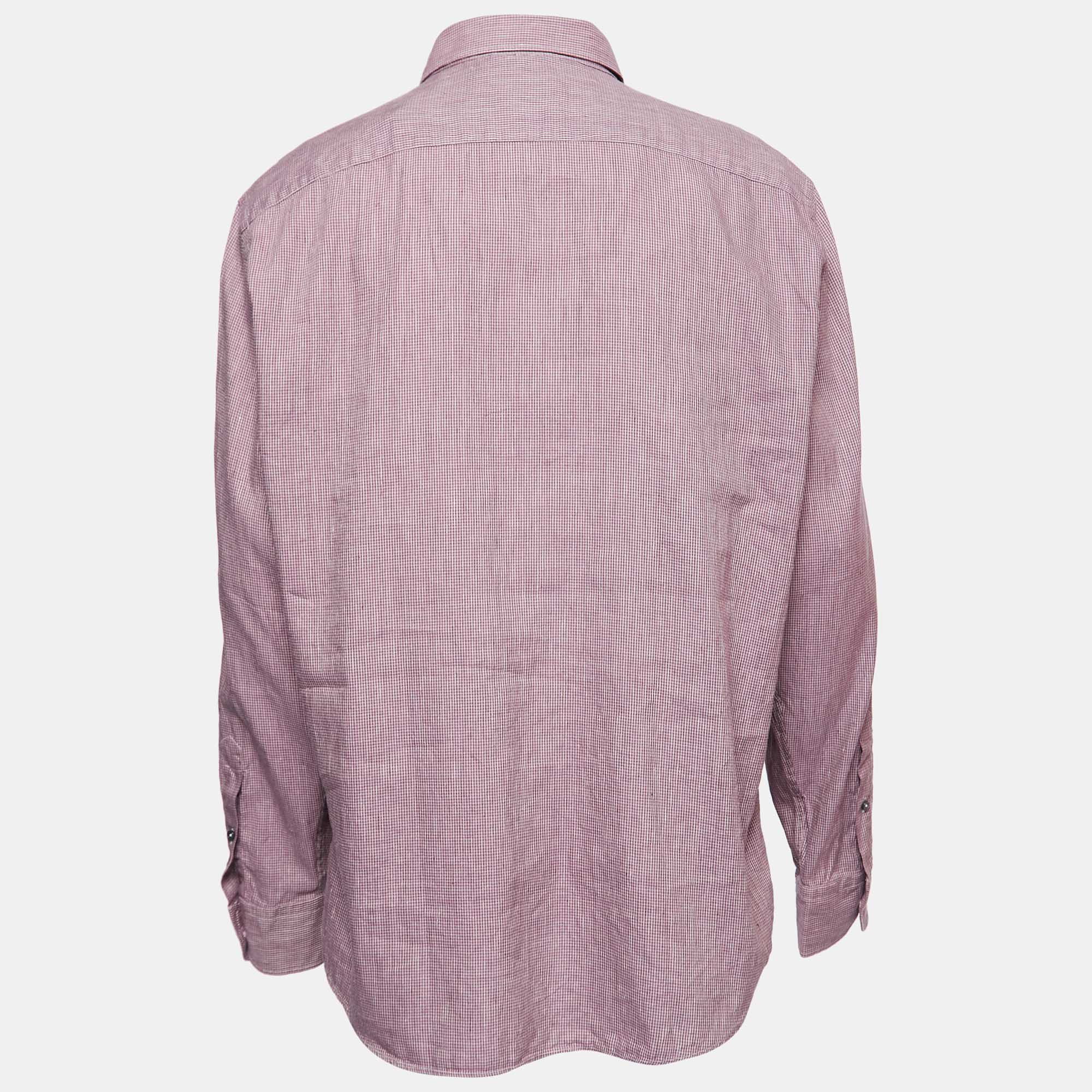 

Ermenegildo Zegna Pink Checked Cotton and Linen Button Front Shirt
