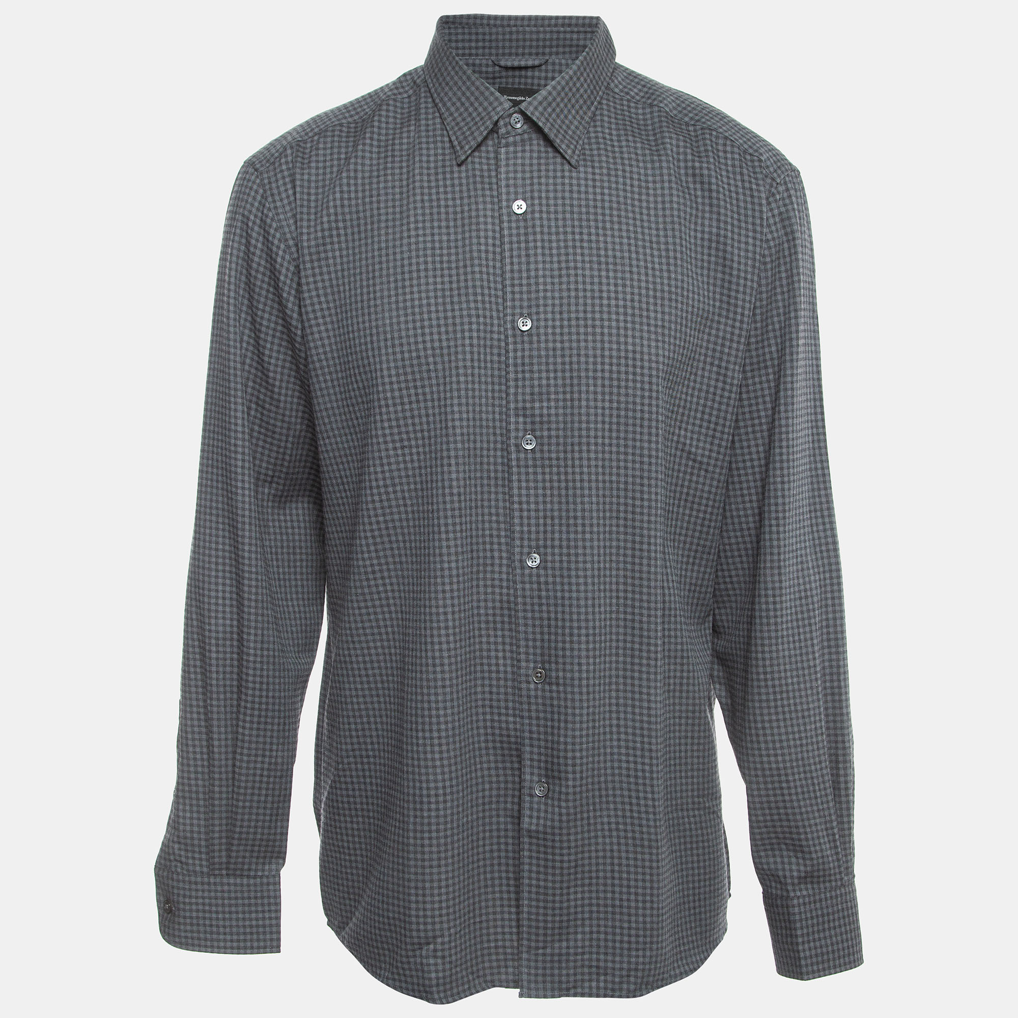 

Ermenegildo Zegna Grey Checked Cotton Blend Button Front Shirt