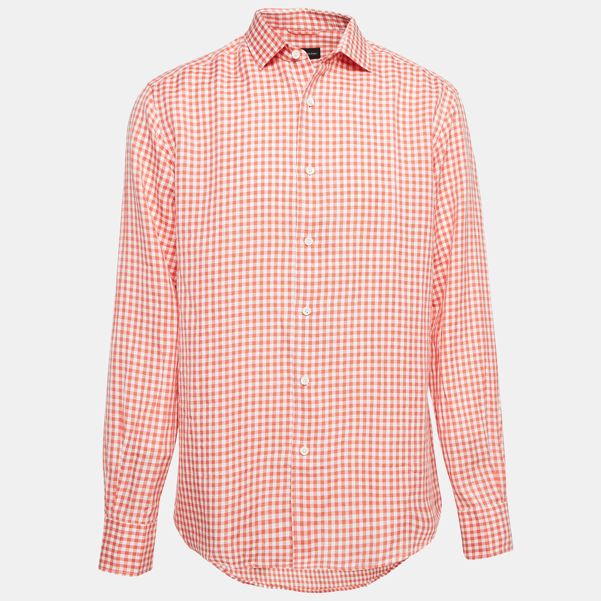 Pre-owned Ermenegildo Zegna Orange Gingham Cotton Blend Shirt Xl