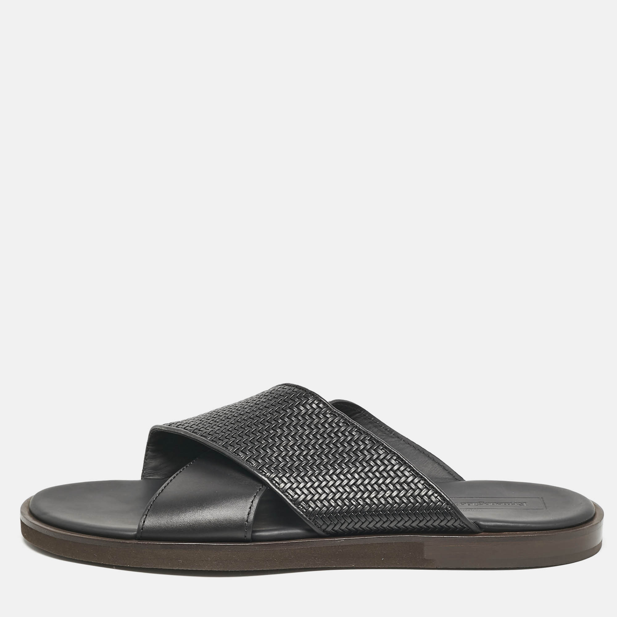 

Ermenegildo Zegna Black Woven Leather Flat Slides Size 46