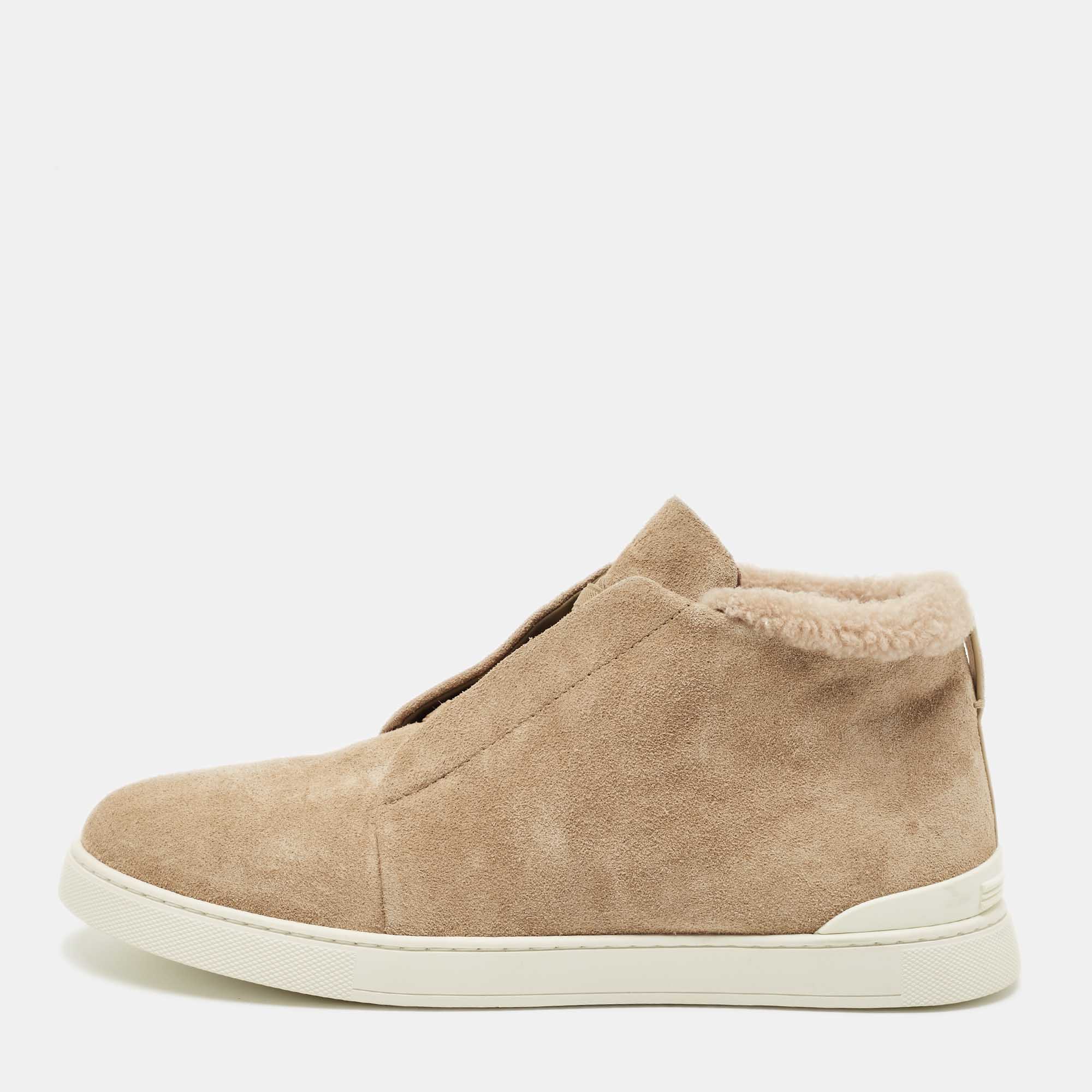 

Ermenegildo Zegna Cream Suede Triple Stitch Slip On Sneakers Size 45