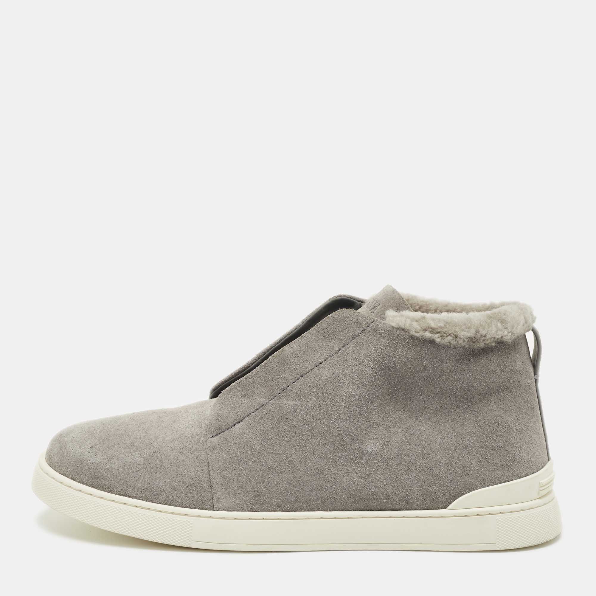 Pre-owned Ermenegildo Zegna Grey Suede Triple Stitch High Top Sneakers Size 45 In Gray