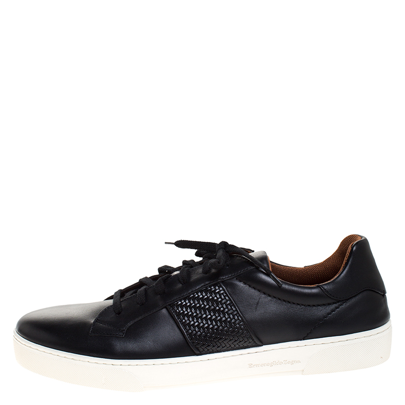 

Ermenegildo Zegna Black Leather Woven Detail Vittorio Lace Up Sneakers Size