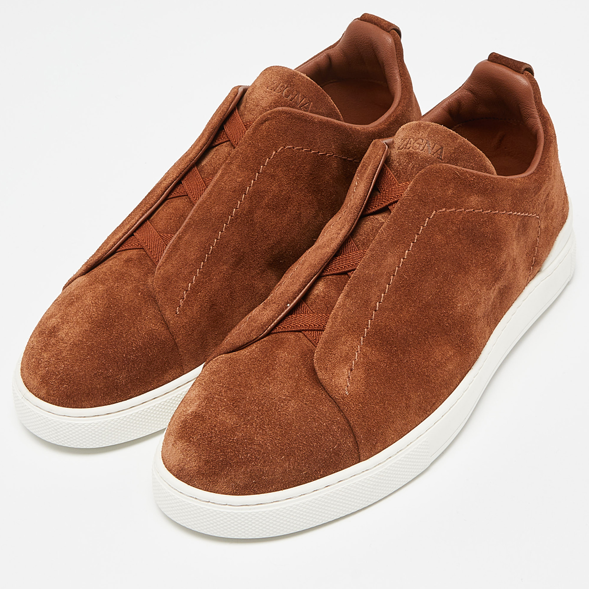 

Ermenegildo Zegna Brown Suede Triple Stitch Slip On Sneakers Size