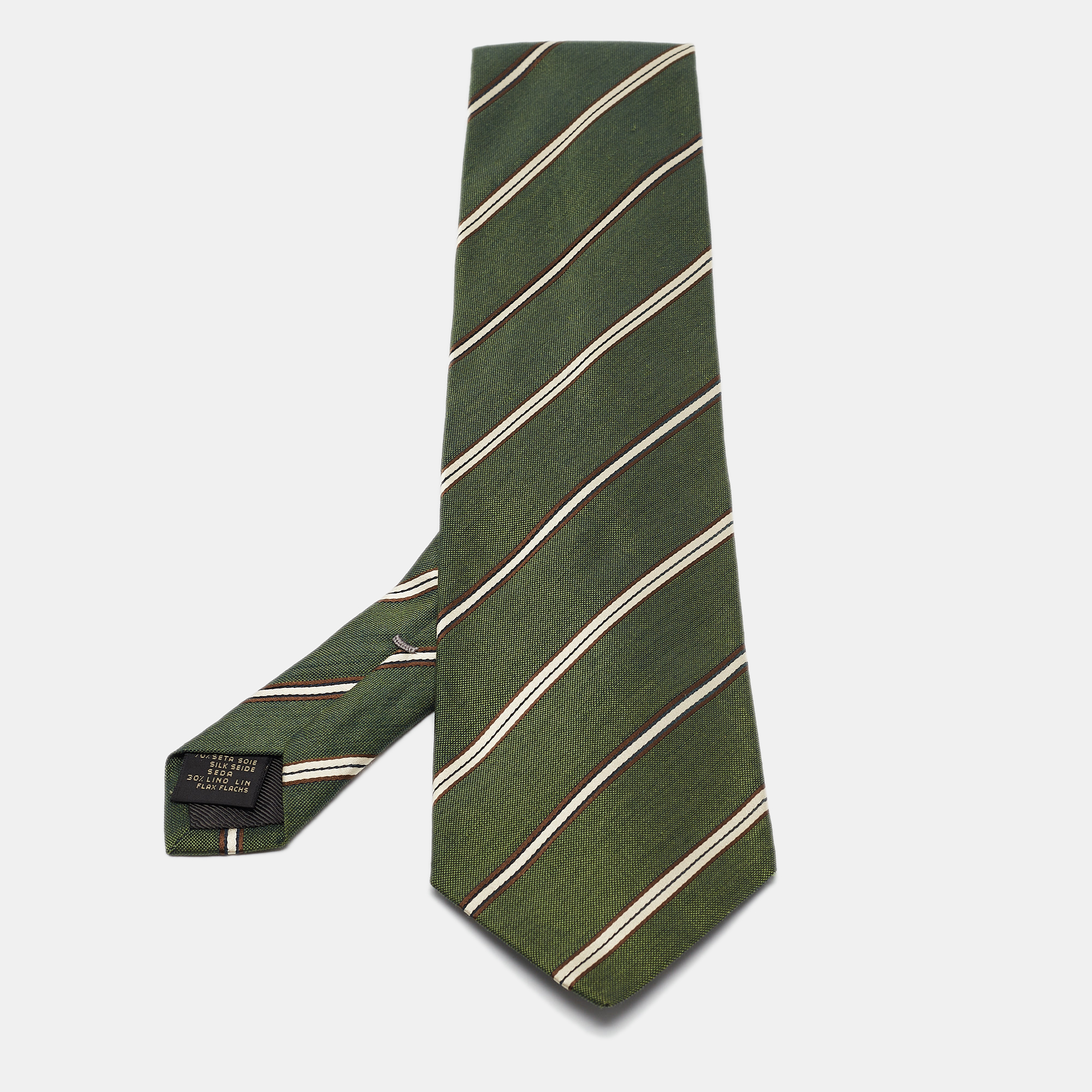 

Ermenegildo Zegna Vintage Green Stripe Linen Silk Traditional Tie