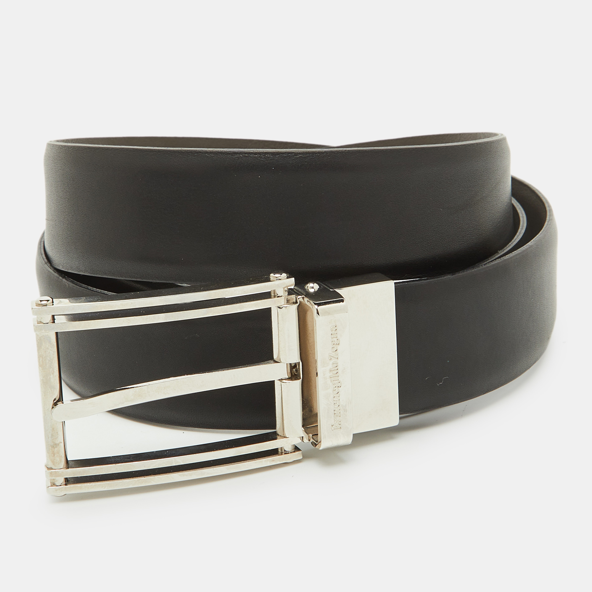 

Ermenegildo Zegna Black/Dark Brown Leather Cut to Size Reversible Buckle Belt