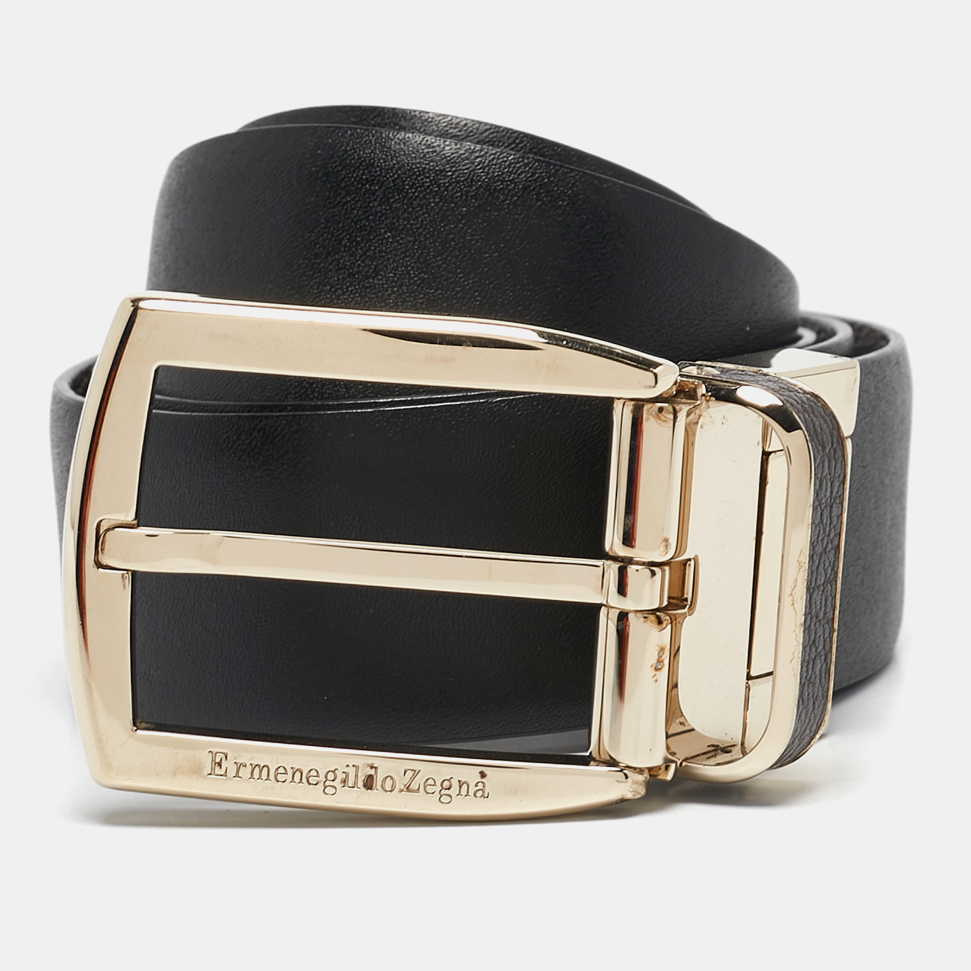 

Ermenegildo Zegna Black/Brown Leather Buckle Reversible Belt