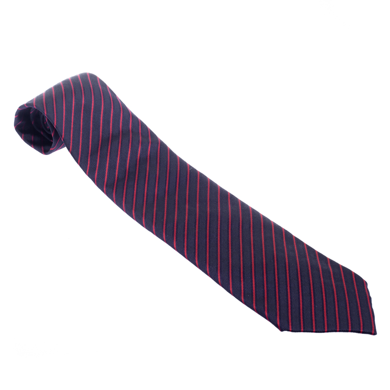 Pre Owned ربطة عنق إيرمنجليدو زينيا حرير أزرق كحلي وأحمر مخططة