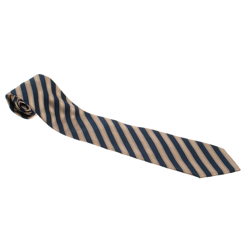 Pre Owned Ermenegildo Zegna Couture Navy Blue and Beige Textured Striped Silk Tie