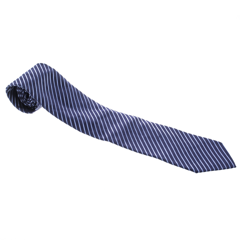 Ermenegildo Zegna Pour Le Secretaire General Navy Blue Diagonal Striped Silk Tie