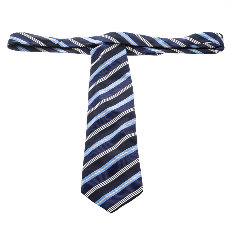 Pre-owned Ermenegildo Zegna Blue Diagonal Striped Silk Jacquard Traditional Tie
