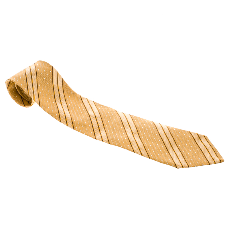 Pre Owned Ermenegildo Zegna Mustard Diagonal Striped and Dotted Silk Jacquard Tie
