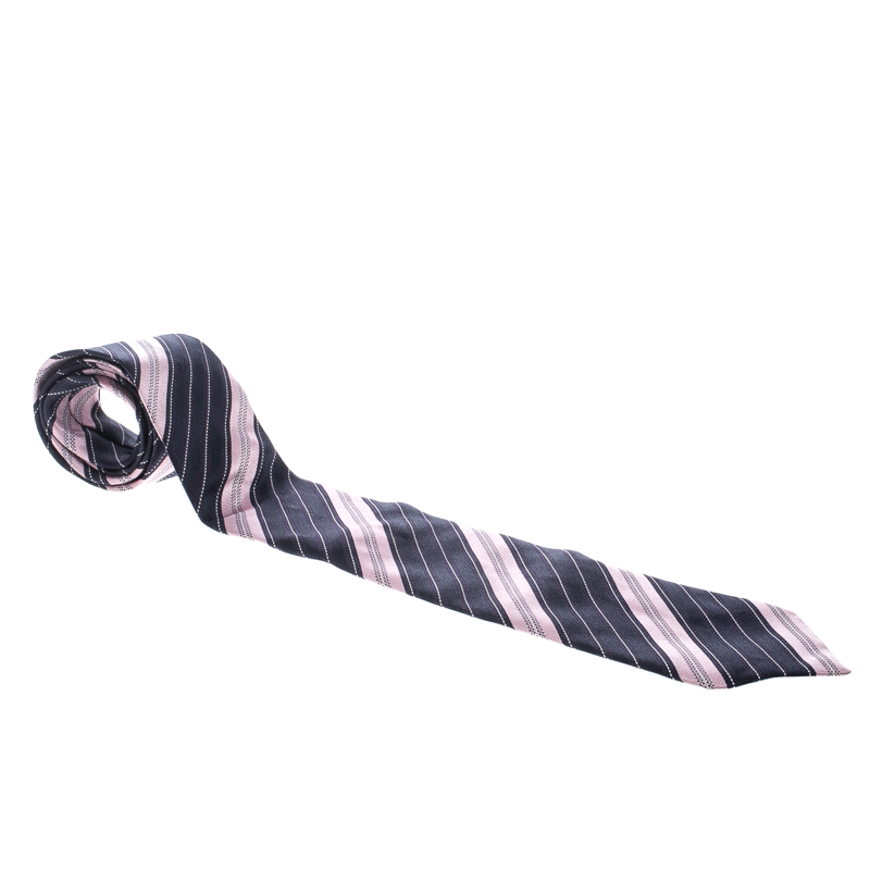 

Ermenegildo Zegna Navy Blue and Pink Diagonal Striped Silk Jacquard Traditional Tie