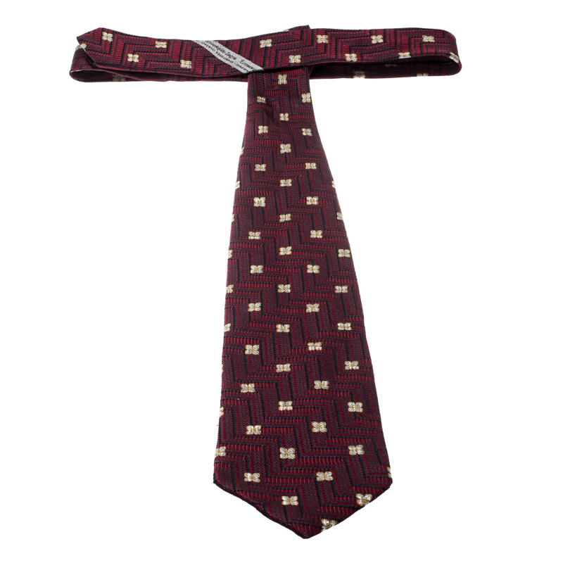 Pre-owned Ermenegildo Zegna Burgundy Silk Jacquard Zig Zag Floral Pattern Tie