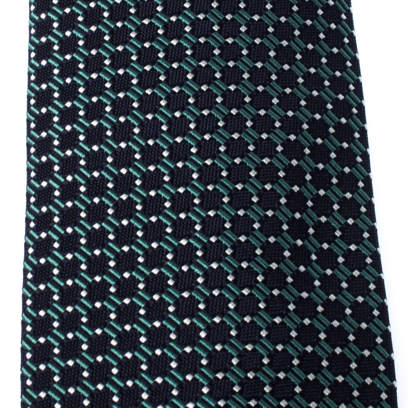 

Ermenegildo Zegna Navy Blue and Green Geometric Patterned Silk Jacquard Tie