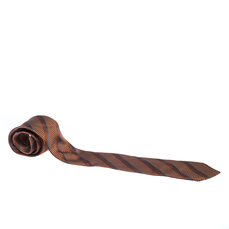 Pre Owned Ermenegildo Zegna Burnt Orange Diagonal Striped Pattern Jacquard Silk Classic Tie