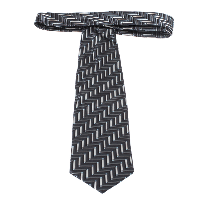 Pre-owned Ermenegildo Zegna Vintage Grey Geometric Patterned Jacquard Silk Tie
