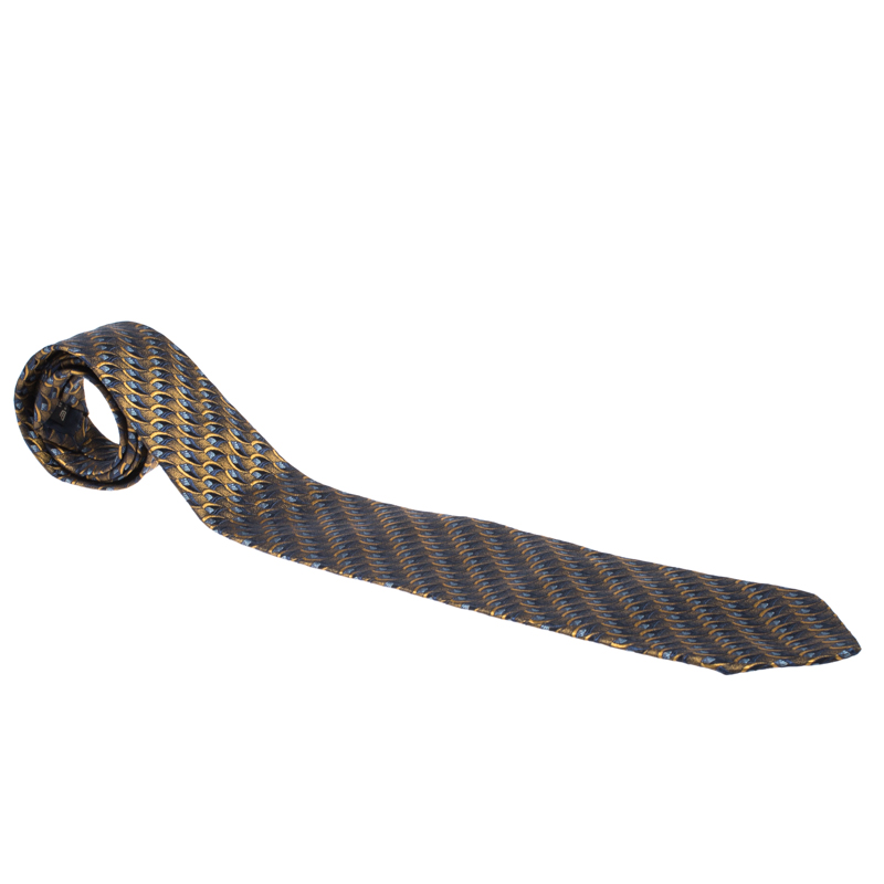 Pre Owned Ermenegildo Zegna Vintage Dull Gold & Blue Jacquard Silk Tie