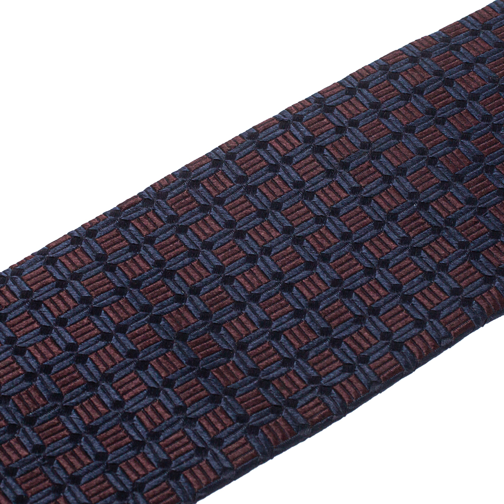 

Ermenegildo Zegna Navy Blue and Maroon Geometric Pattern Silk Jacquard Tie