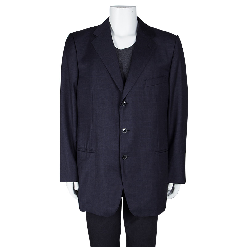 

Ermenegildo Zegna Navy Blue Checkered Wool Su Misura Blazer 5XL