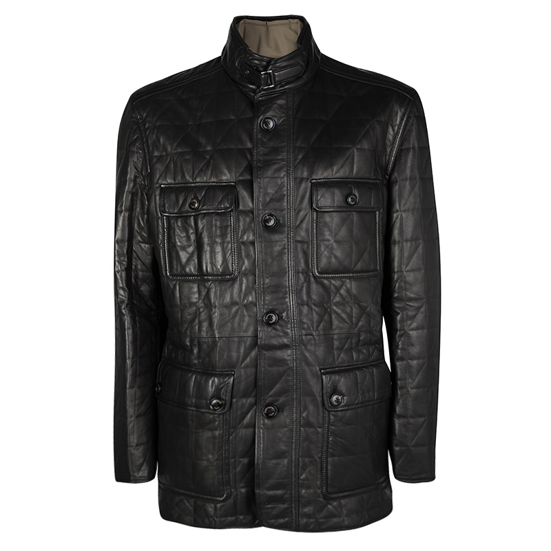 Ermenegildo Zegna Dark Brown Quilted Lambskin Leather Jacket 5XL                                                                                                                                                 