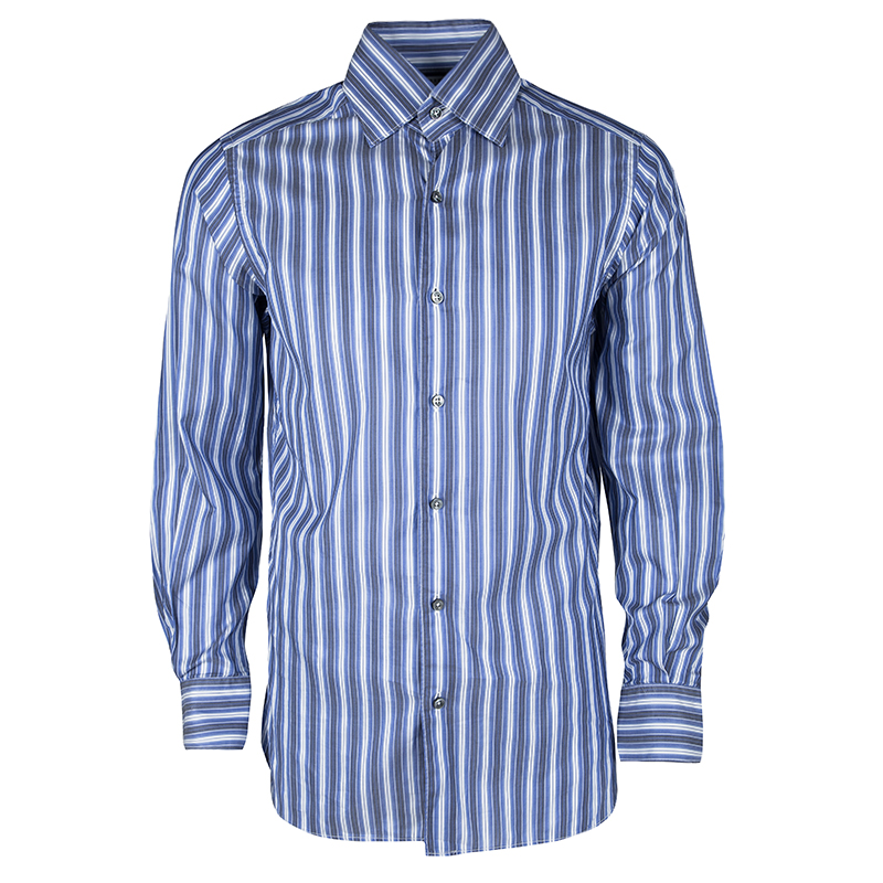 Ermenegildo Zegna Blue Striped Long Sleeve Buttondown Cotton Shirt S ...