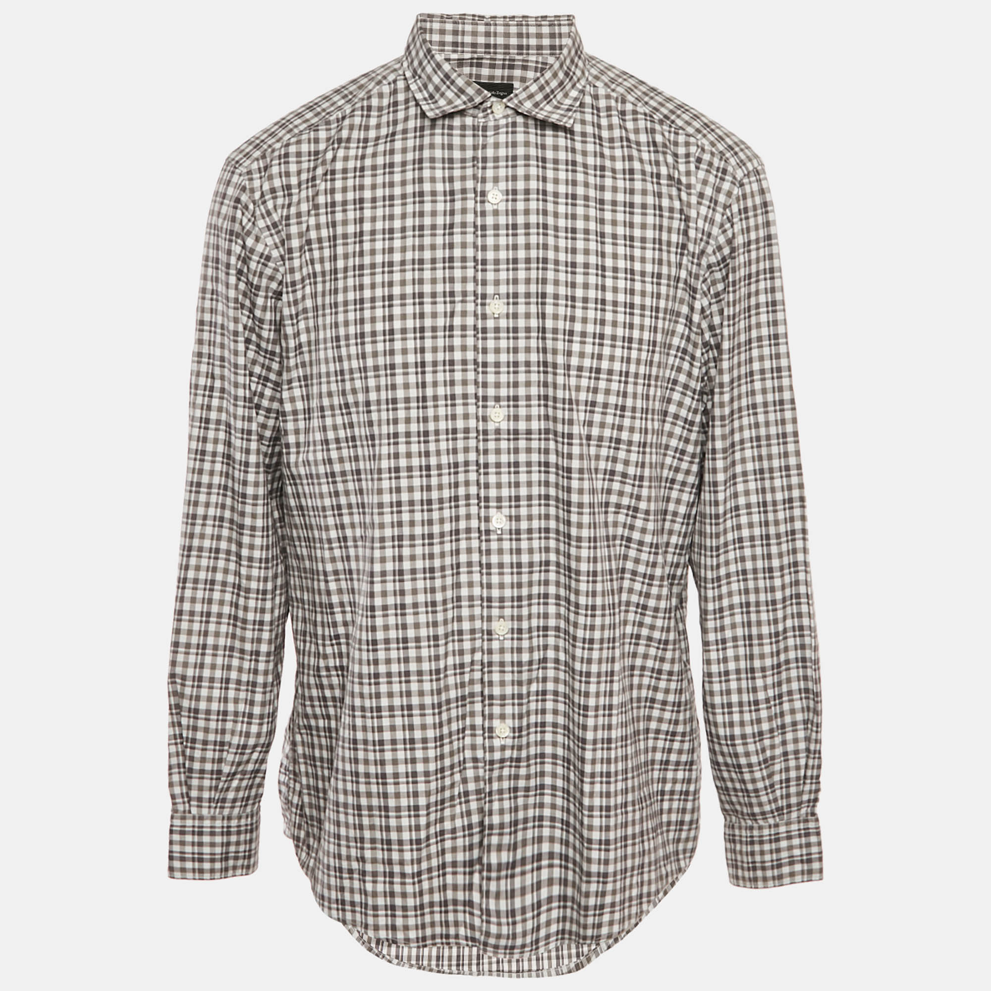 

Ermenegildo Zegna Grey Checkered Cotton Traveller Fit Shirt XXL
