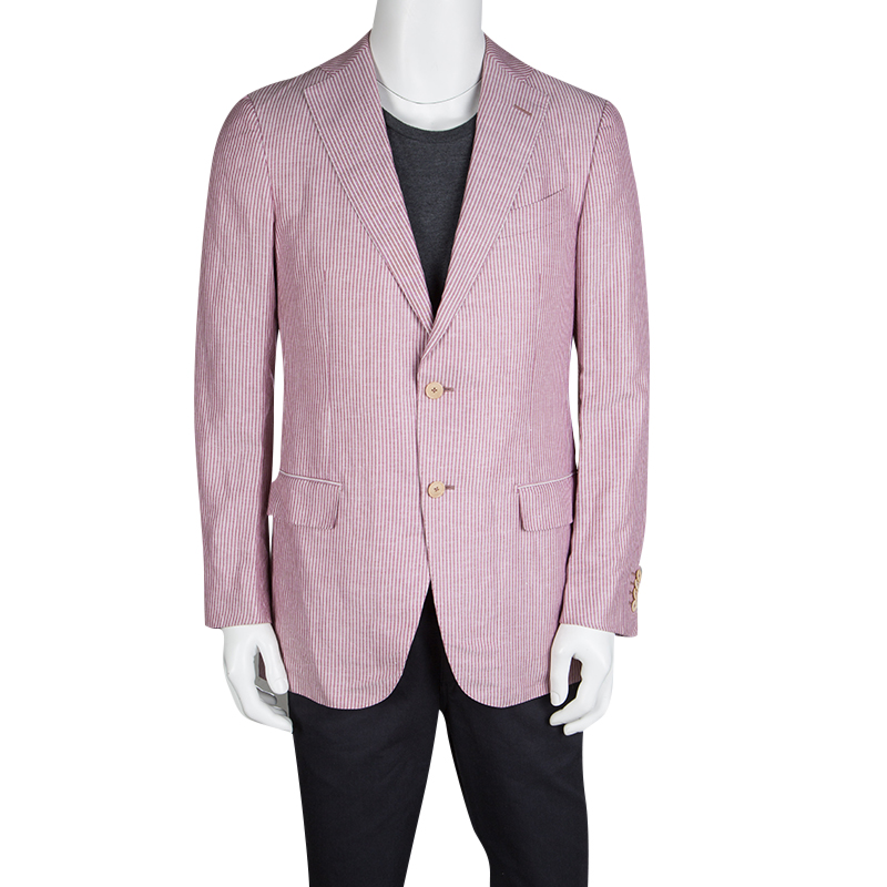 

Ermenegildo Zegna Dark Pink and White Striped Linen Blend Resort Jacket