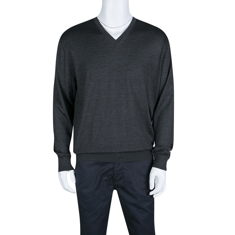 

Ermenegildo Zegna Dark Grey Cashmere and Silk Long Sleeve V Neck Sweater