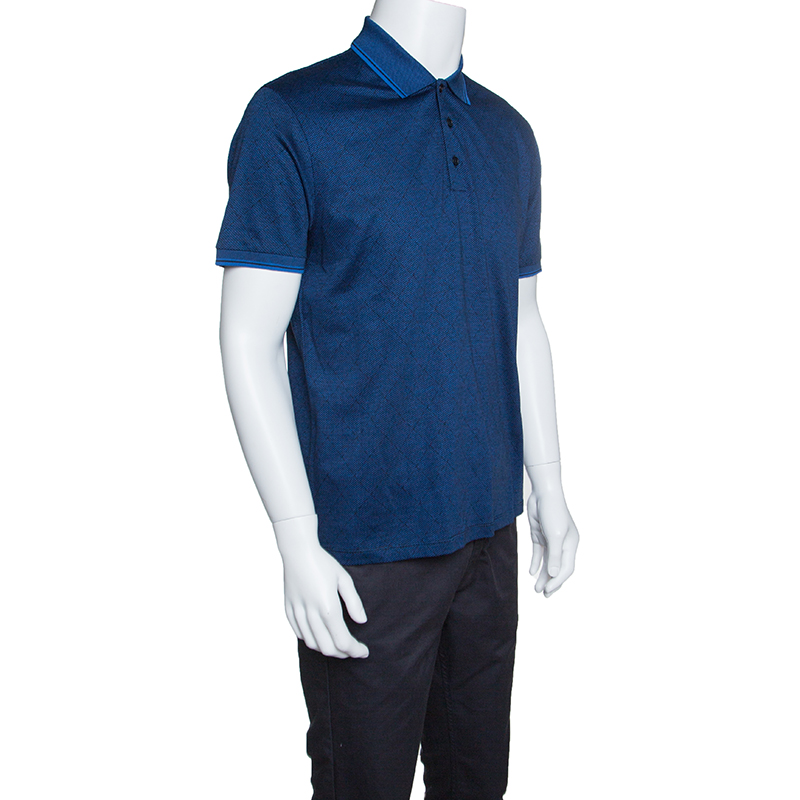 

Ermenegildo Zegna Blue and Black Cotton Knit Diamond Pattern Polo T-Shirt