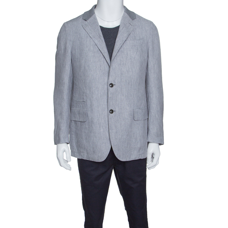 Pre Owned بليزر ايرمنيجيلدو زينيا تفصايل ياقة مضلع كتان رمادي XL