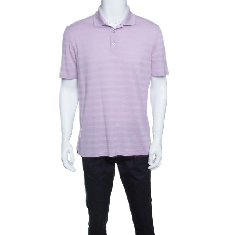 Pre Owned Ermenegildo Zegna Purple Perforated Striped Cotton Knit Short Sleeve Polo T-Shirt L