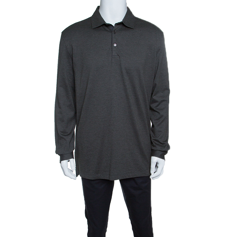 Pre Owned Ermenegildo Zegna Grey Honeycomb Knit Collared Long Sleeve T-Shirt XXL